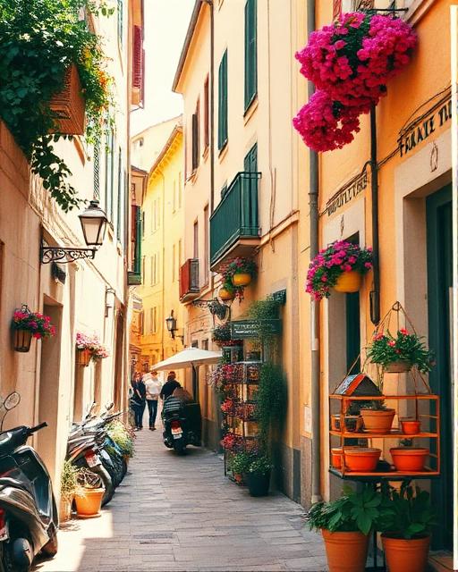 Mediterranean street with colorful flowers and architecture