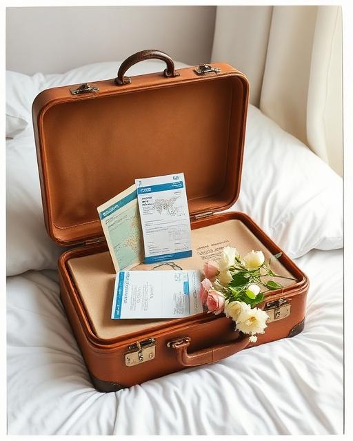 Vintage suitcase with travel tickets and flowers