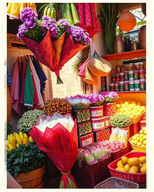 Colorful local market with flowers and fruits