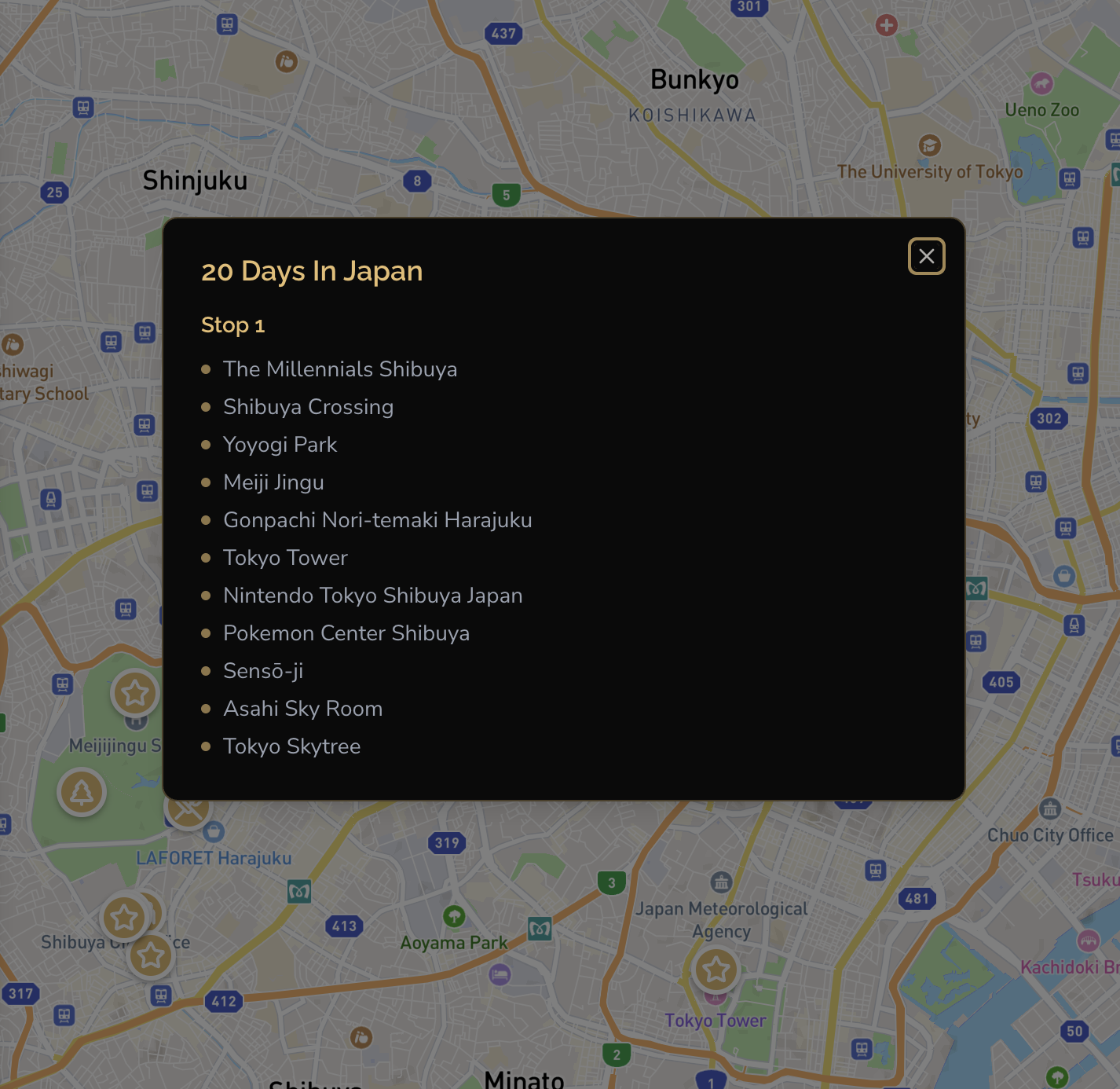 Trip overview organized by city